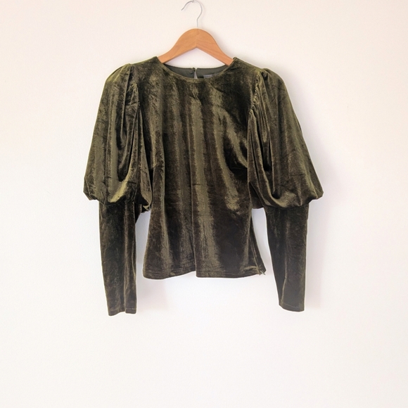 Anthropologie Sunday In Brooklyn Green Velvet Puff Sleeve Top - Picture 1 of 10